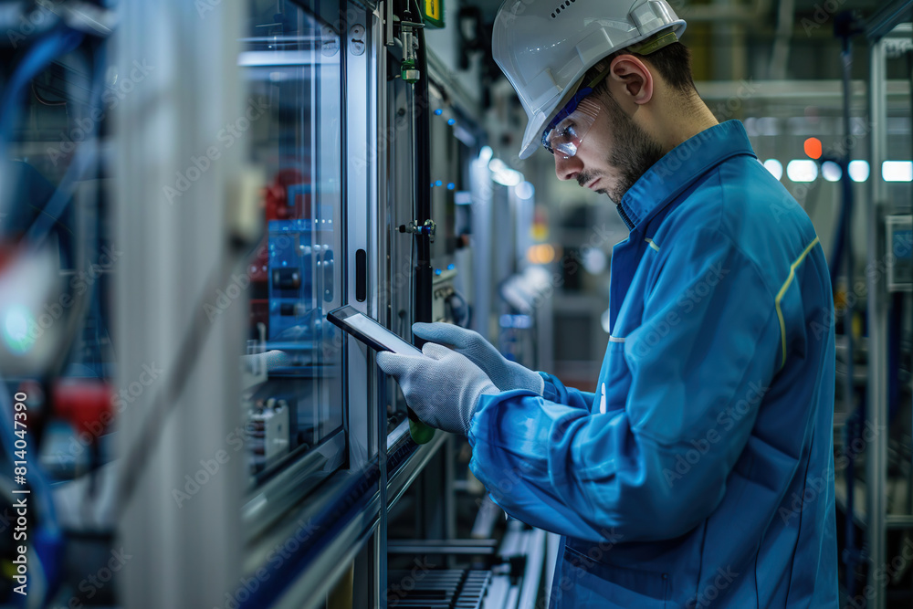 Worker assembles mobile phones at manufacturing company Worker assembles mobile phones at manufacturing company