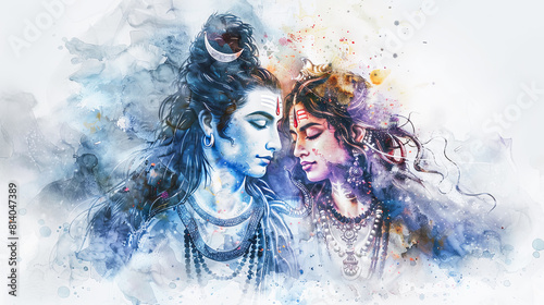 Beautiful digital painting of lord Shiva and Parvati in a heavenly setting perfect for home decor photo