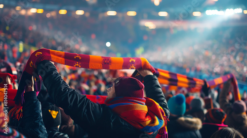 The stadium lights cast a warm, vibrant glow, highlighting the passion and unity of the supporters. Each scarf flutters in a synchronized rhythm, as if the crowd is a single entity,  photo