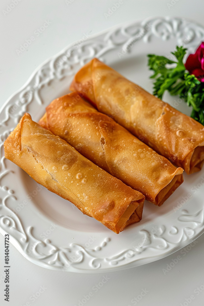 tasty and crunchy golden color Asian Egg Rolls on Clean White plate tasty and crunchy golden color Asian Egg Rolls on Clean White plate