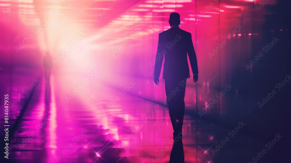 A man in a sleek suit walks through a tunnel, with an empty space for text A man in a sleek suit walks through a tunnel, with an empty space for text