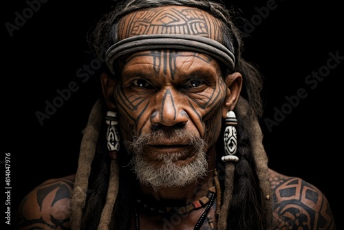 Intriguing Tattooed tribe man forest shot. Face old male west look. Generate Ai