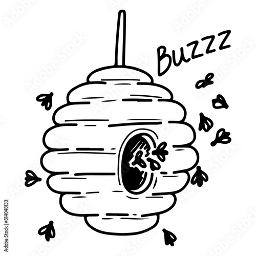 Bee hive doodle. Honey apiary. House of wild insects. Hand drawn vector sketch illustration.