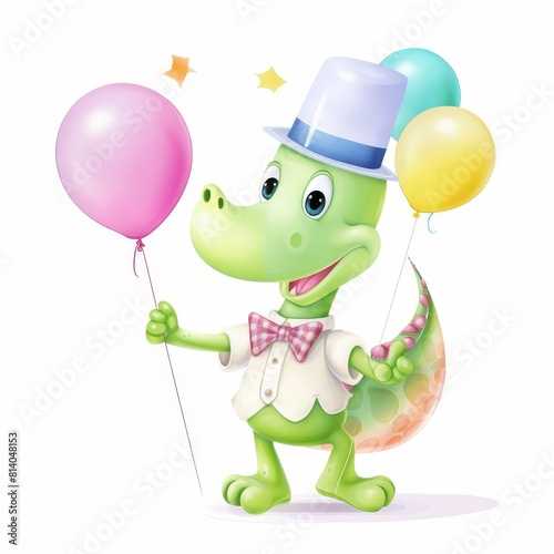 A cute green dinosaur is wearing a blue hat and bow tie. © Panuma