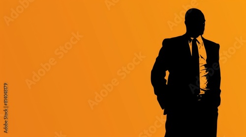 Silhouette of a businessman striking a powerful pose against a vibrant orange backdrop photo
