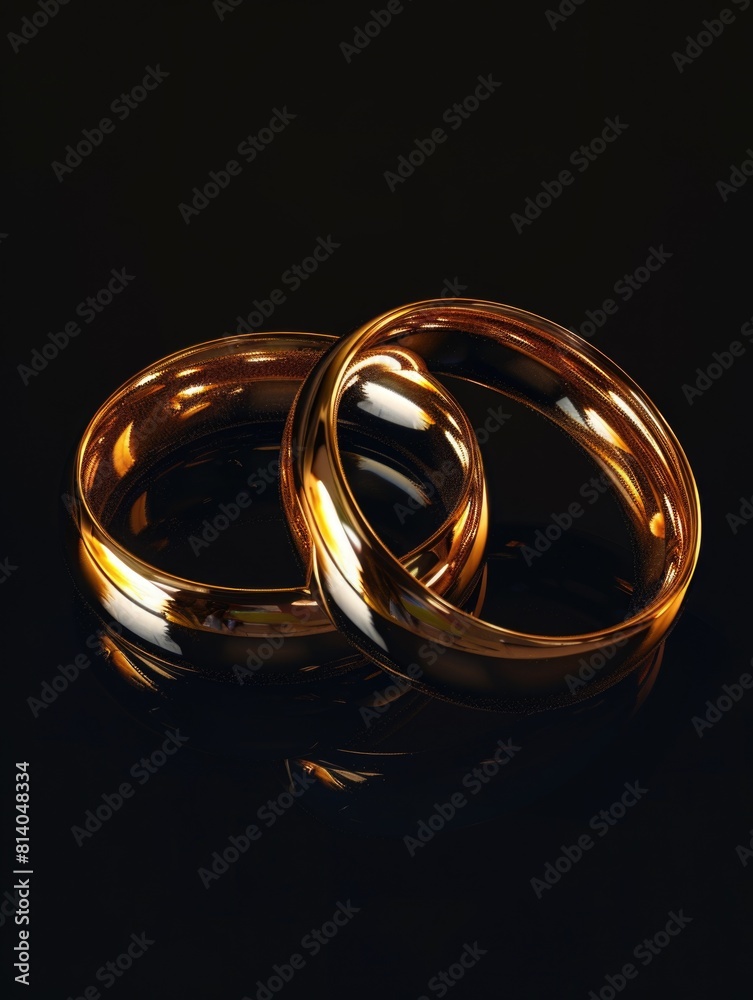 Two gold wedding rings are shown in mirror Two gold wedding rings are shown in mirror