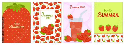 Set of summer cards with strawberries. Vector illustration isolated on white background. For poster, card, scrapbooking, stickers