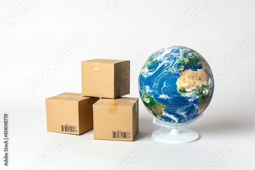 Earth planet globe surrounded by heap of stacked cardboard boxes with parcel goods on white background  emphasizing the importance of environmental sustainability