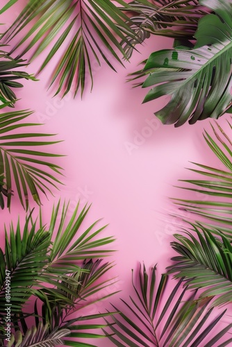 Pink background with green leaves surrounding it