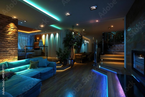 3D Render of a Modern Living Room with Blue Sofa and Exposed Brick Wall