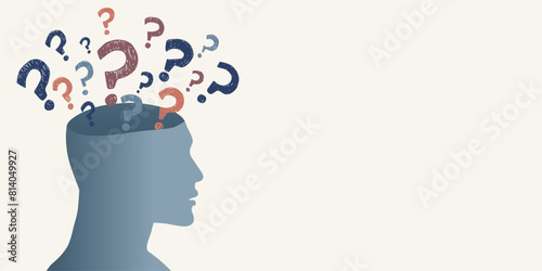 Hand drawn question marks in semicircle above a head silhouette. Questionnaire wallpaper. Banner copy space. Choice or problem or question or doubt or interrogation concept. Faq