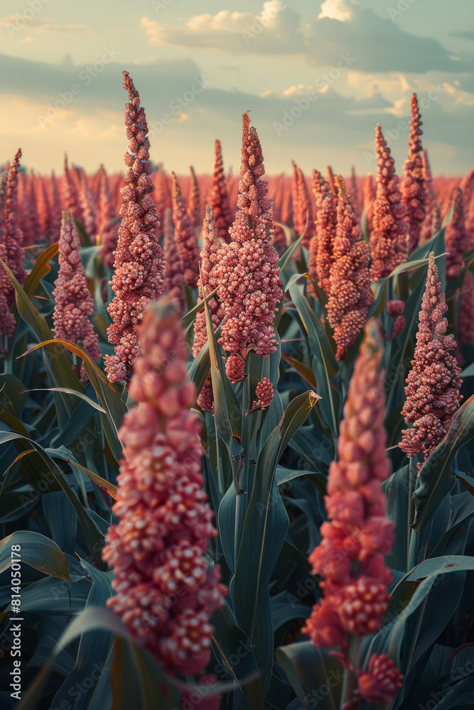 Surreal depiction of a field of sorghum with each stalk leading to a different type of beverage, symbolizing its versatility, Surreal depiction of a field of sorghum with each stalk leading to a different type of beverage, symbolizing its versatility,