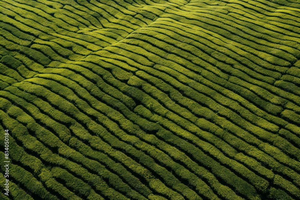 Fototapeta premium Verdant Tea field green color top view texture. Scene agriculture cultivation foliage harvest. Generate Ai