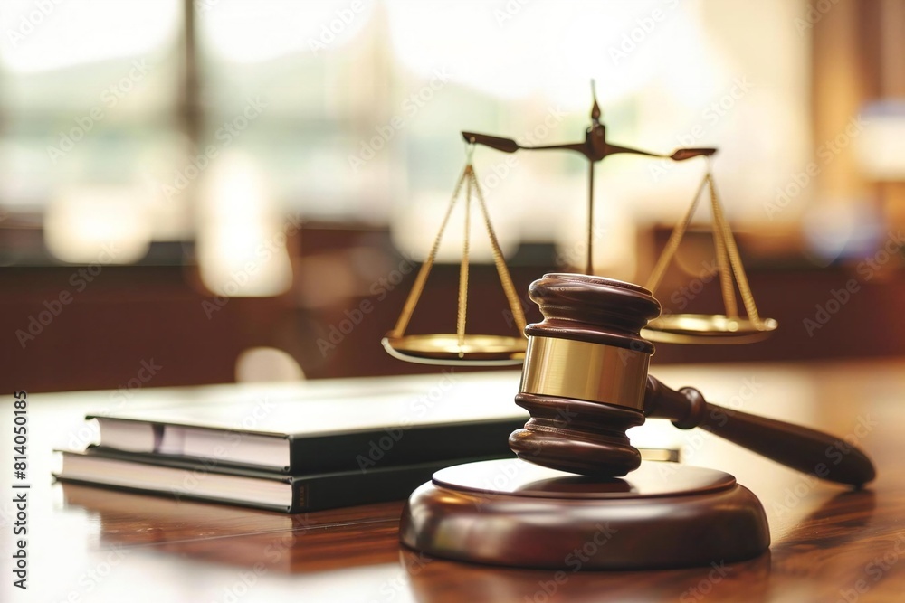 Symbol of Justice and Law: Wooden Gavel, Scales, and Books on Table Symbol of Justice and Law: Wooden Gavel, Scales, and Books on Table