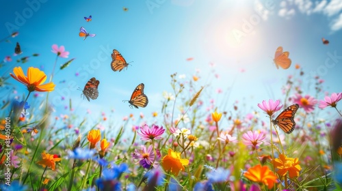 A vibrant forest scene at noon, sunlight piercing through the lush canopy, highlighting the vivid greens and earthy browns of the forest floor, clear blue sky visible above. Created Using: vivid © Yanopas