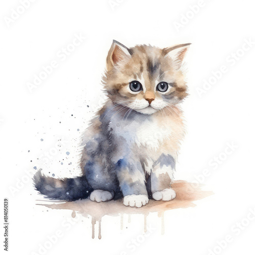 Watercolor cute cat isolated on white background. AI generative.