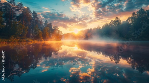 A majestic sunrise over a serene lake, mist rising from the water surface, surrounding wild forests reflecting in the still water, creating a tranquil and cinematic scene. Created Using: sunrise