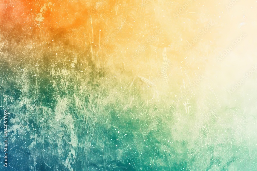 grungy empty space with grainy noise texture in white green blue orange and yellow gradient colors retro background template