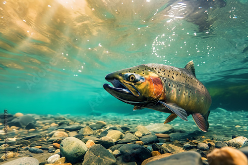 Wild Salmon Underwater Migration. Fishing. Close-up shut of a fish hook under water. Salmon race. Underwater picture of salmon swimming in the river during the spawning season.