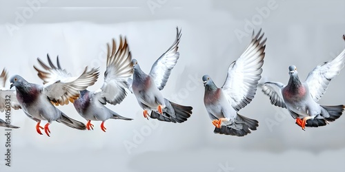 Flock of pigeons in flight against white background. Concept Nature  Photography  Wildlife  Birds  Flight