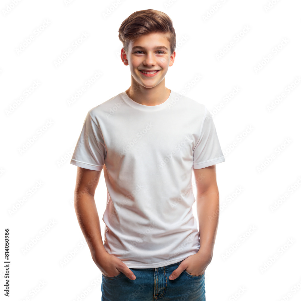 Fototapeta premium Cheerful boy with hands in jeans pockets standing against a transparent backdrop