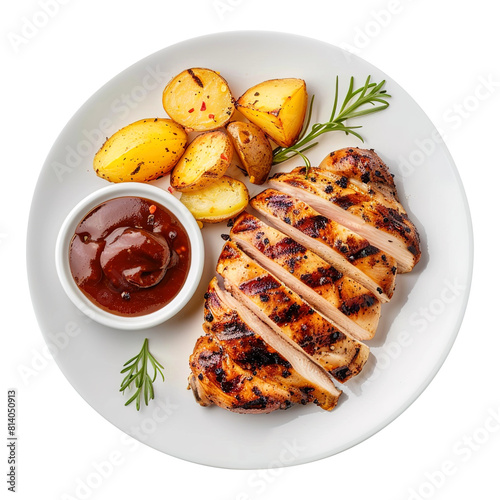 Grilled chicken slice with potato sauce isolated on white background