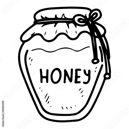 Jar of honey doodle. Sweet mead. Bee apiary. Hand drawn vector sketch illustration.