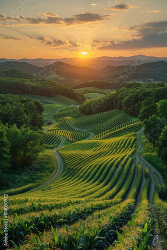Aerial view of vast cornfields, the key ingredient in traditional bourbon,