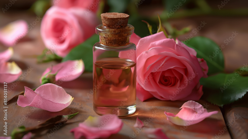 Rose essential oil in a bottle, blooming rose and rose petals on a wooden desk, creative copy space background. Nourishing oil for aromatherapy, cosmetics and body care Rose essential oil in a bottle, blooming rose and rose petals on a wooden desk, creative copy space background. Nourishing oil for aromatherapy, cosmetics and body care