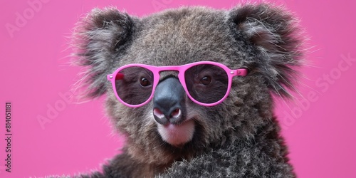 teddy bear in sunglasses. Concept: banner with a cute cheerful animal on a plain copy space background, print or postcard photo