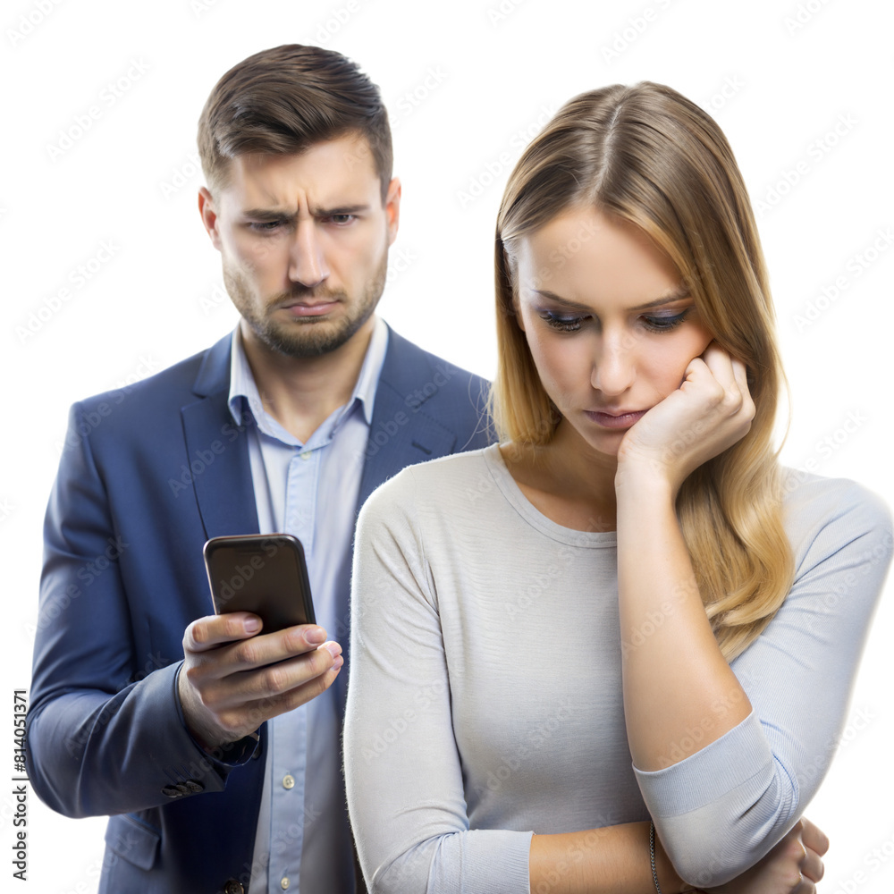 Man suspiciously looks at womans phone as she seems troubled Man suspiciously looks at womans phone as she seems troubled
