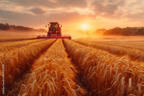 A picturesque scene of rye being harvested by modern machinery under the setting sun, photo