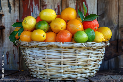 A basket filled with various citrus fruits--lemons, limes, and oranges--set against a rustic distillery background,