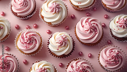 Photo of multiple tiny cupcakes and chocolate donuts with white frosting and pink sprinkles on top, arranged in an aerial view pattern against a pastel background