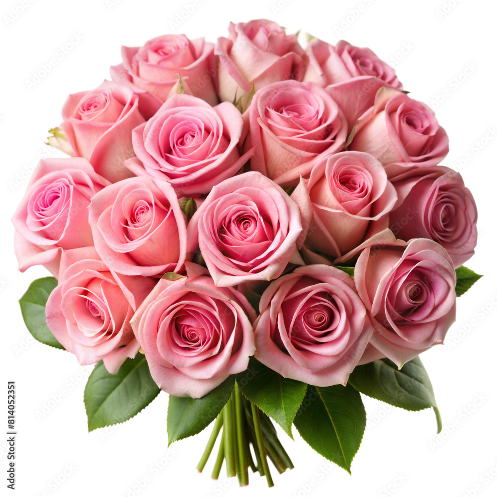 A neatly arranged bouquet of lush pink roses with green leaves A neatly arranged bouquet of lush pink roses with green leaves
