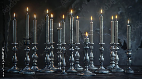 A set of elegant silver candlesticks holding tall taper candles, casting a warm glow photo