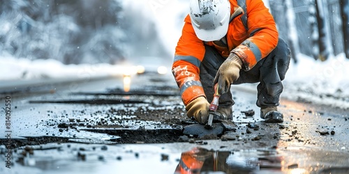 Worker in hard hat repairs potholes on road for safe driving. Concept Road maintenance, Pothole repair, Worker safety, Road safety, Infrastructure maintenance photo