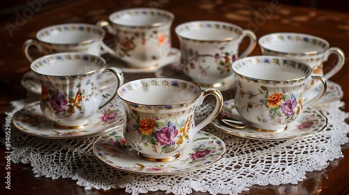 A set of fine bone china teacups with delicate floral patterns, arranged on a lace doily