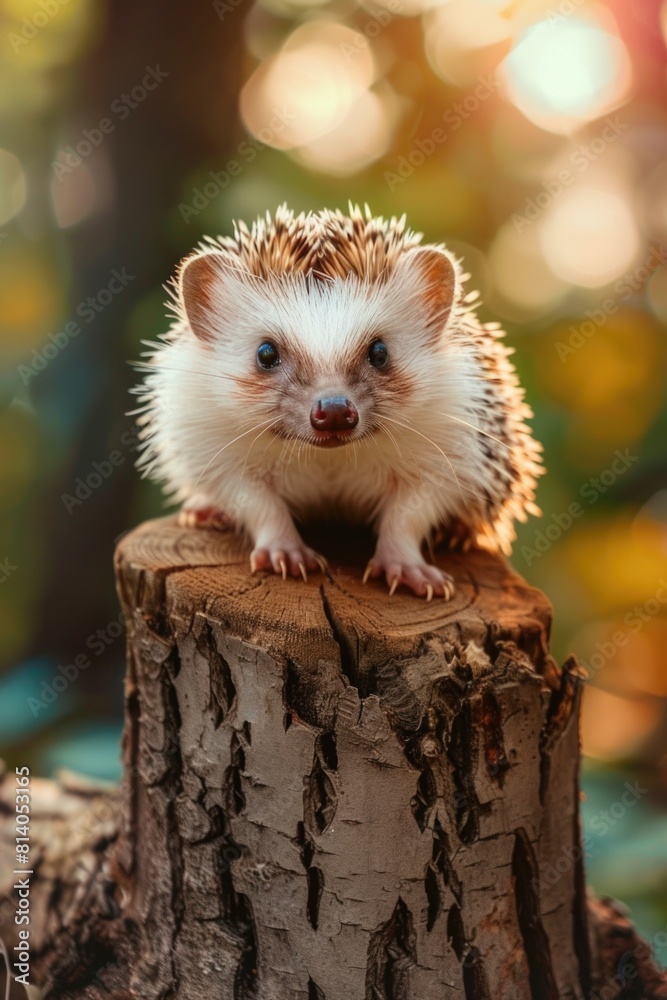 A hedge sitting on top of a tree stump, suitable for nature themes