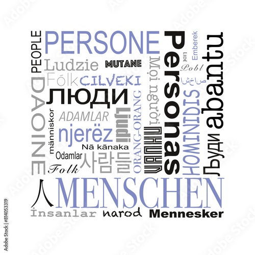Begriff "Mensch" vielsprachig (multilingual) im Quadrat angeordnet, Hintergrund transparent