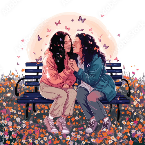 Vibrant color white background, illustration, vector, Two friends sitting on a bench in a park, sharing a heartwarming moment, surrounded by flowers and butterflies. Happy Friendship Day