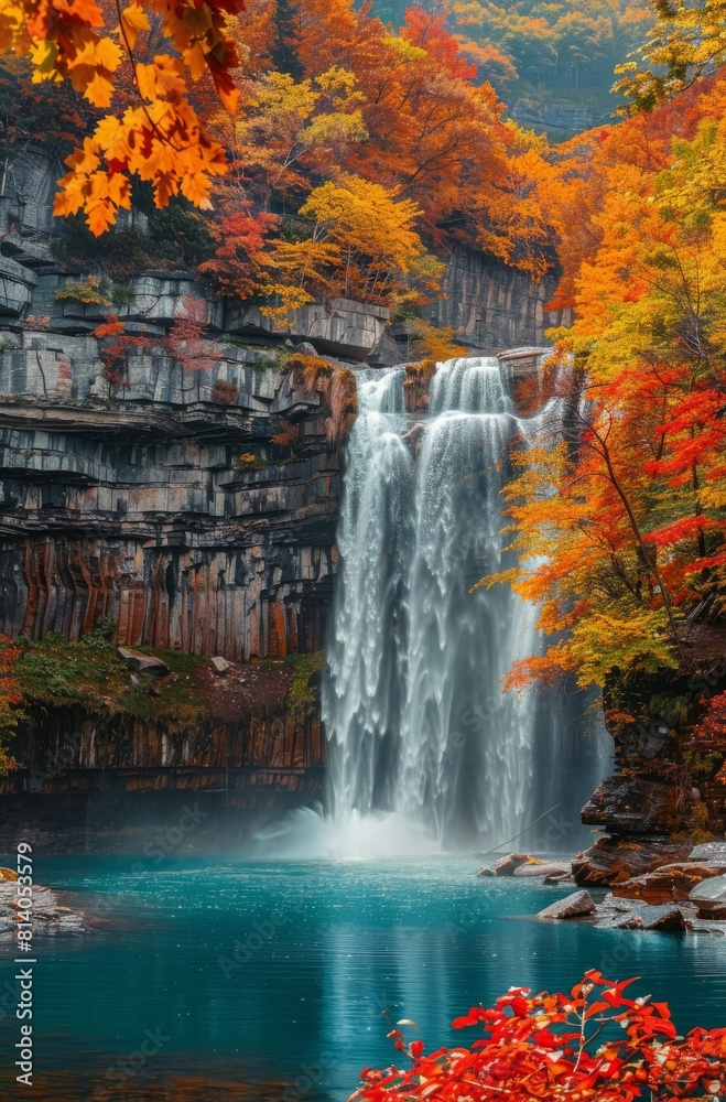 Fototapeta premium Majestic waterfall cascades down from the mountains 