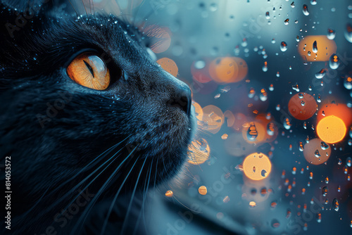 Illustration of a cat whose whiskers turn into cityscape silhouettes, blending urban and animal elements,