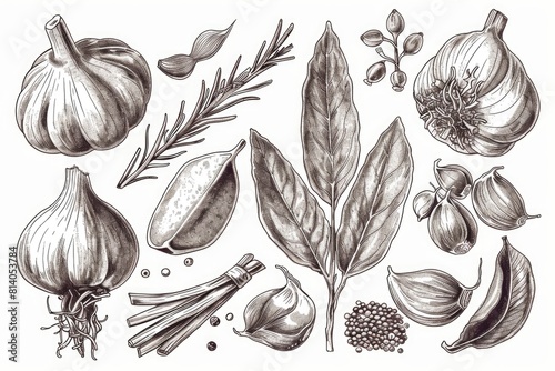 Fototapeta Naklejka Na Ścianę i Meble -  Assorted spices and herbs on a clean white backdrop, perfect for culinary or cooking concepts