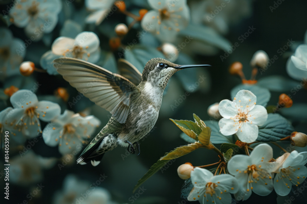 A hummingbird with wings that fade into leaves, fluttering among floral blooms, A hummingbird with wings that fade into leaves, fluttering among floral blooms,