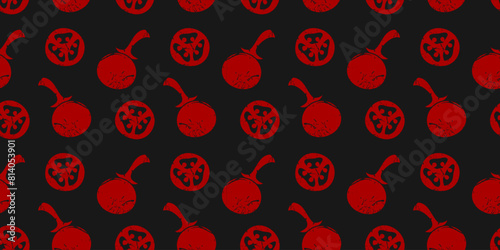 Pattern of red tomatoes and slices peppers on black background with grunge effect. Seamless pattern of ripe of tomatoes.