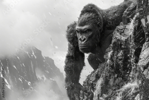 Conceptual artwork of a gorilla with its back morphing into a rocky cliff  symbolizing strength and stability 