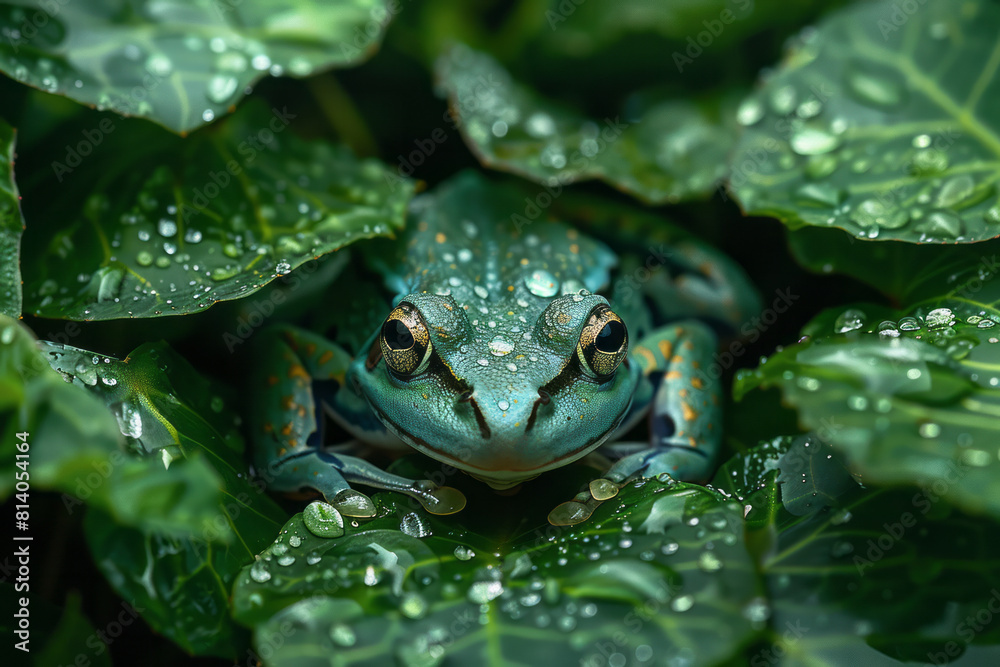 Fototapeta premium A frog with skin that morphs into a mosaic of rainforest foliage, camouflaging within the leaves,