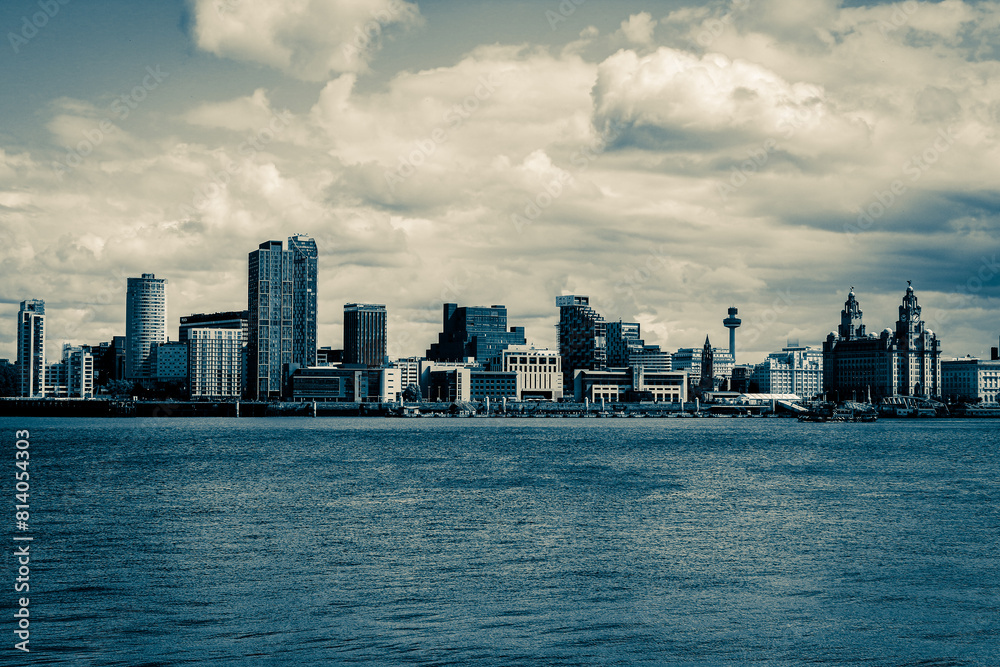 A panoramic view of the Liverpool waterfront, as seen from New Brighton across the Mersey. A panoramic view of the Liverpool waterfront, as seen from New Brighton across the Mersey.