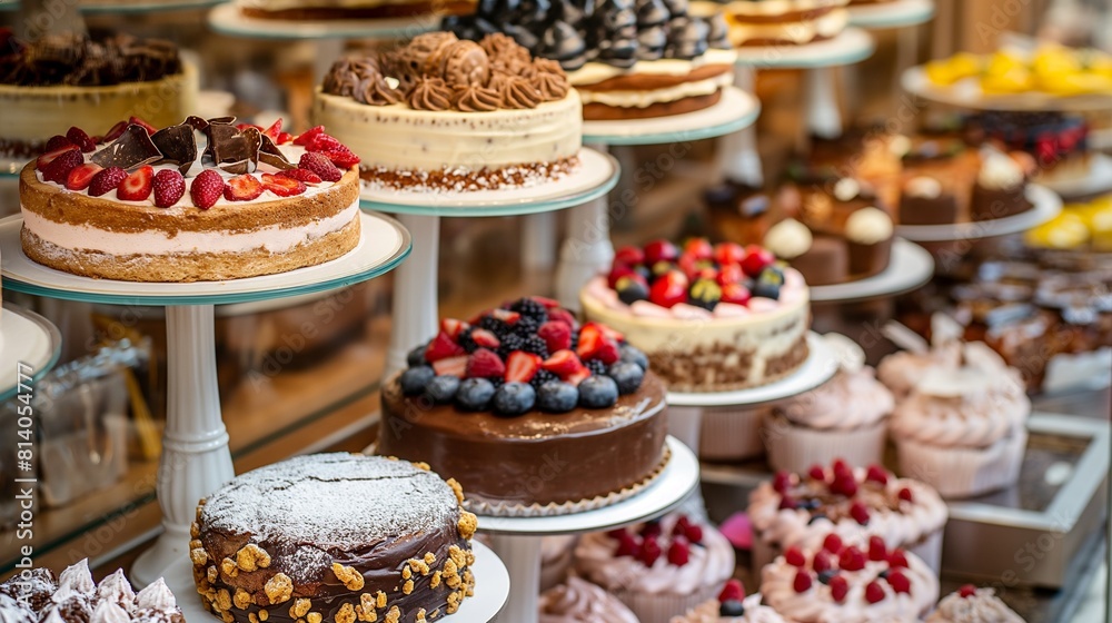 AI generated illustration of delicious cakes displayed in bakery storefront